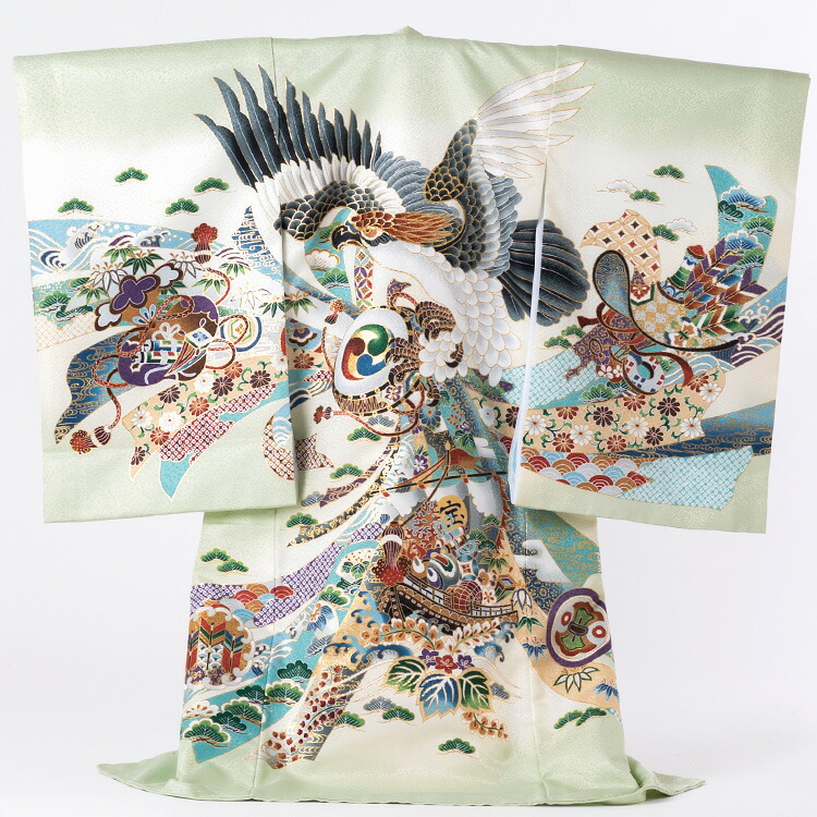 楽天市場】※廃番 お宮参り 着物 男の子[黄緑 鷹] 産着セット(紐付きの