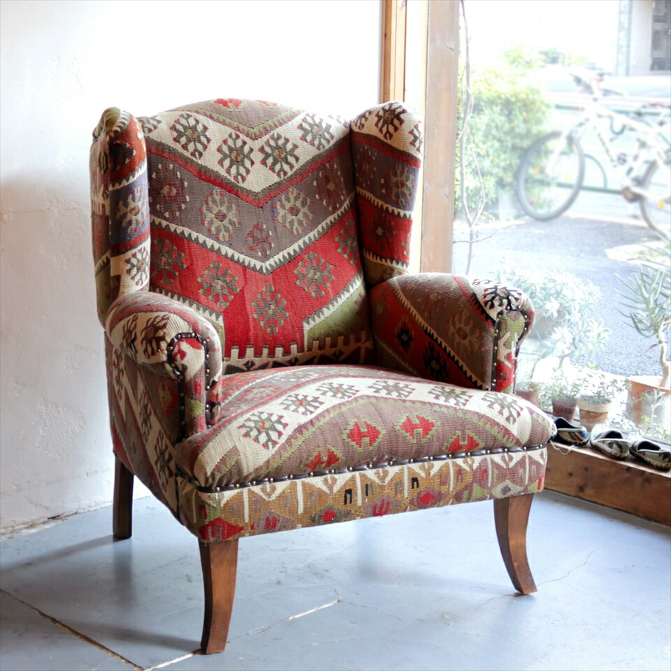 楽天市場】オールドキリム木製アームチェア H100×W86×D78cm シワス