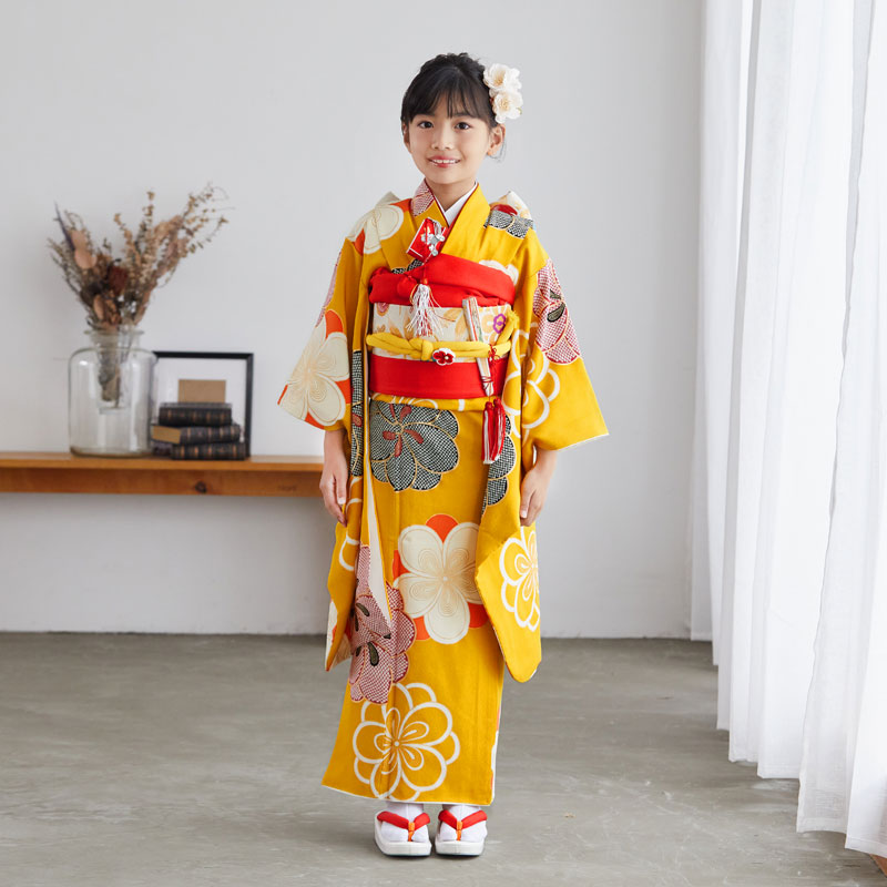 七五三7歳振袖和モダン山吹色/黄色日本製 高級縮緬地
