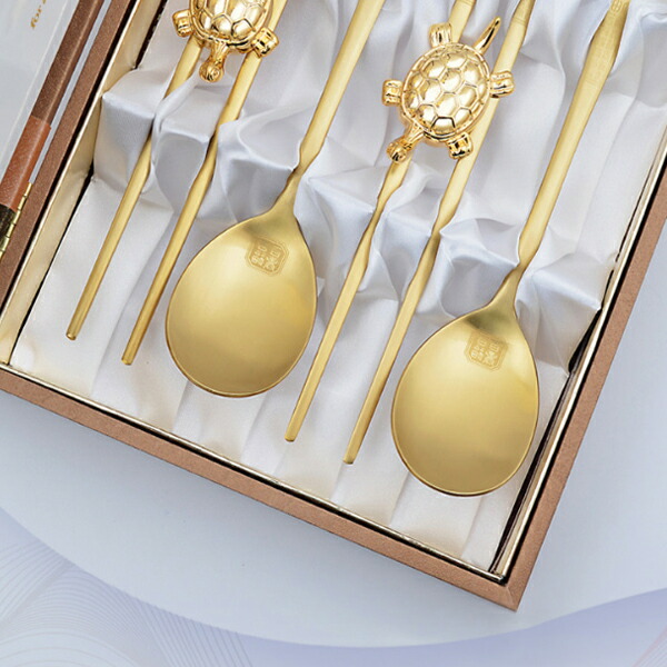 楽天市場】H.JIN 百寿百福 亀 ゴールドチタン 箸スプーンペアセット 亀