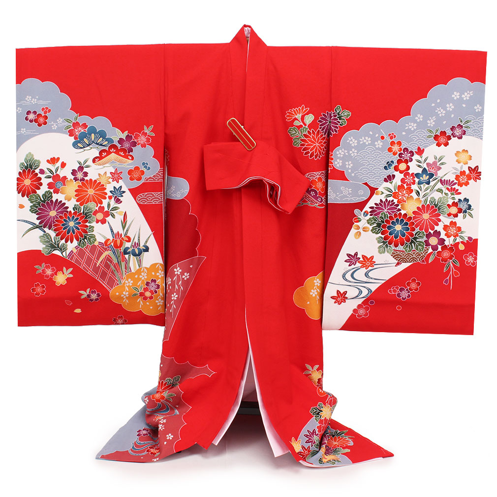 楽天市場】お宮参り 着物 女の子 絹100% 正絹初着 掛け着 産着 赤 花車