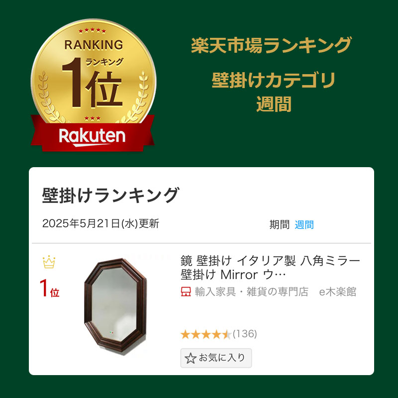 楽天市場】【スーパーセール期間限定価格】 鏡 壁掛け イタリア製 八角