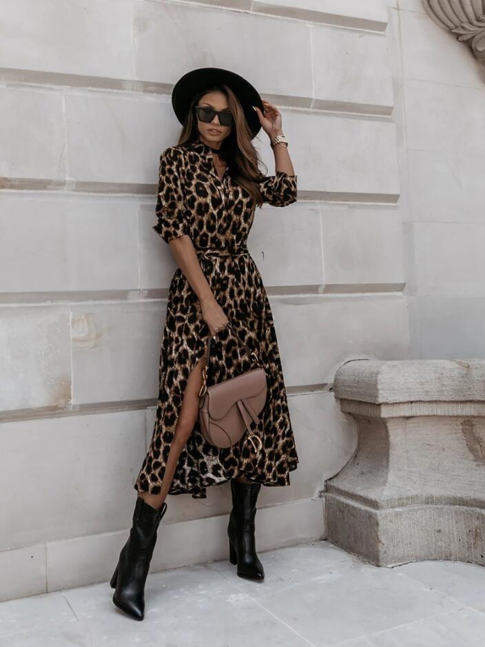 楽天市場】ヒョウ柄ドレス ロング丈 ヒョウ柄ワンピース Vネック 長袖