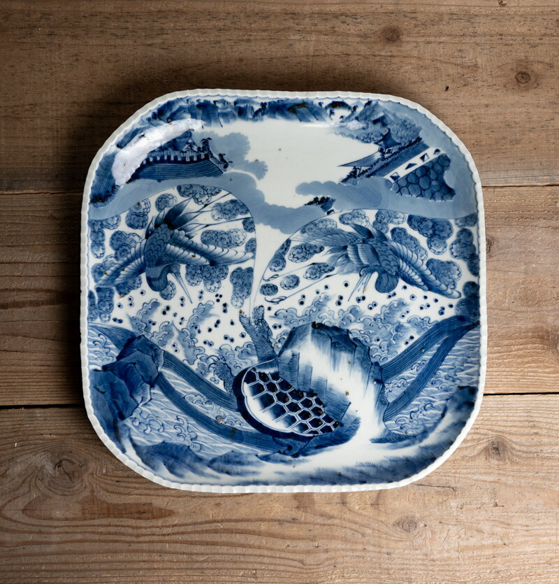 楽天市場】骨董○古伊万里染付鶴亀文四角皿○W36.5cm大型皿 | 江戸後期