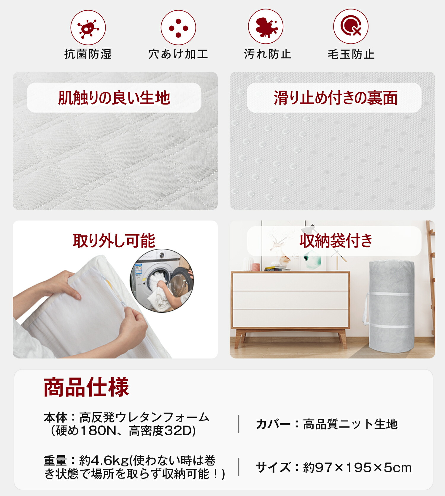 楽天市場】マットレス ベットマット 高反発 敷布団 厚さ5cm 抗菌防湿