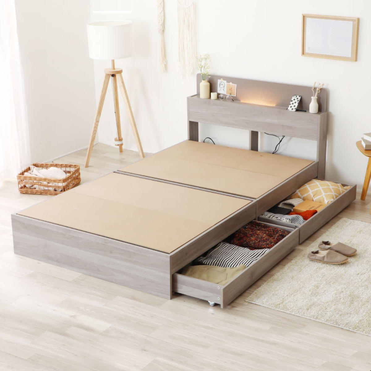 楽天市場】デザインベッド セミダブル 宮棚 照明 引出し2杯 2口