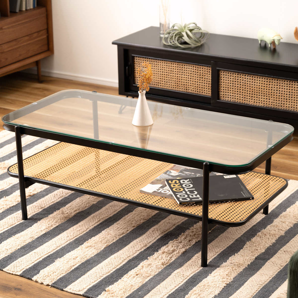 楽天市場】リビングテーブル 幅110cm ガラス天板 ラタン調ラック