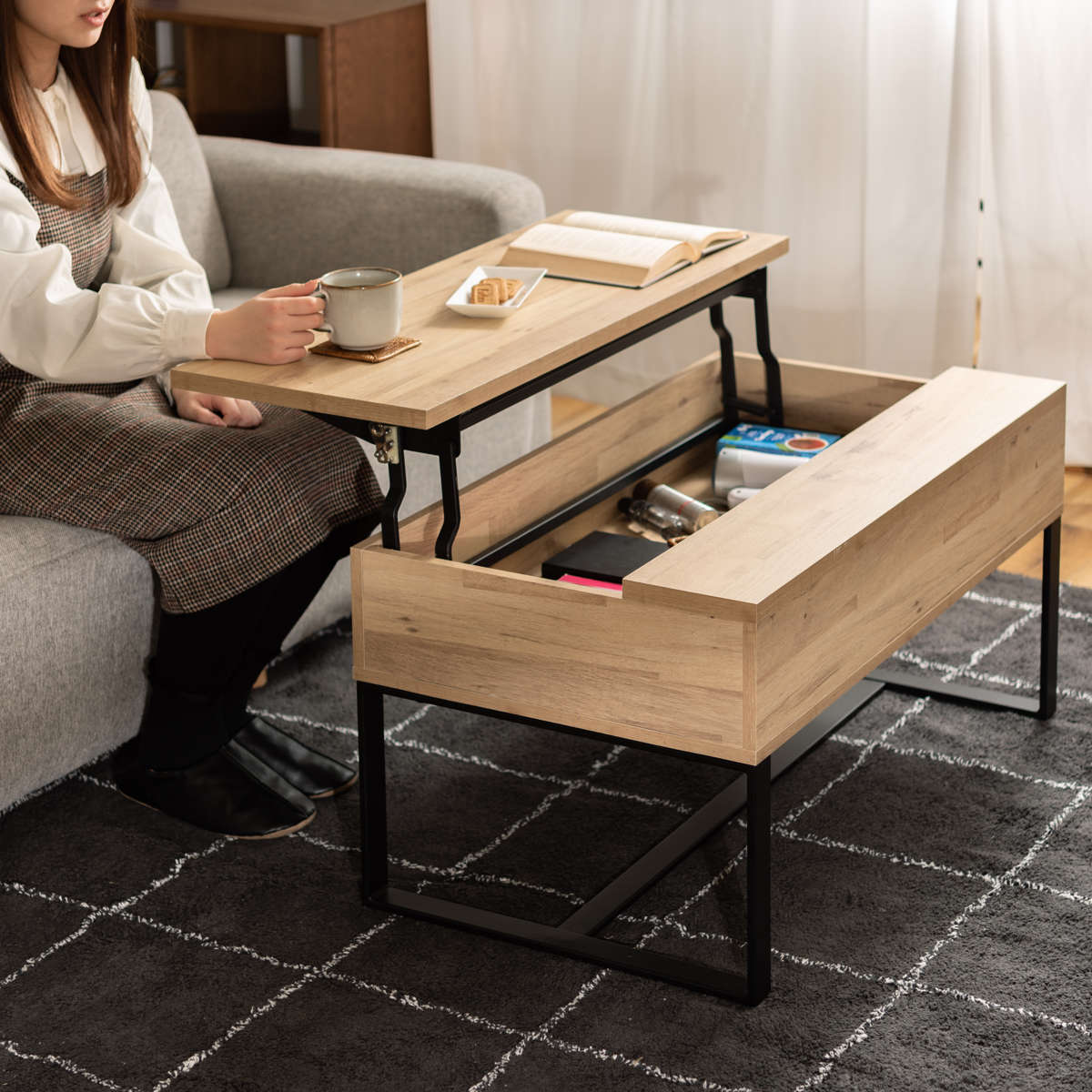 楽天市場】センターテーブル 幅90cm 2WAY 高さ調節 木目調 （ 昇降式