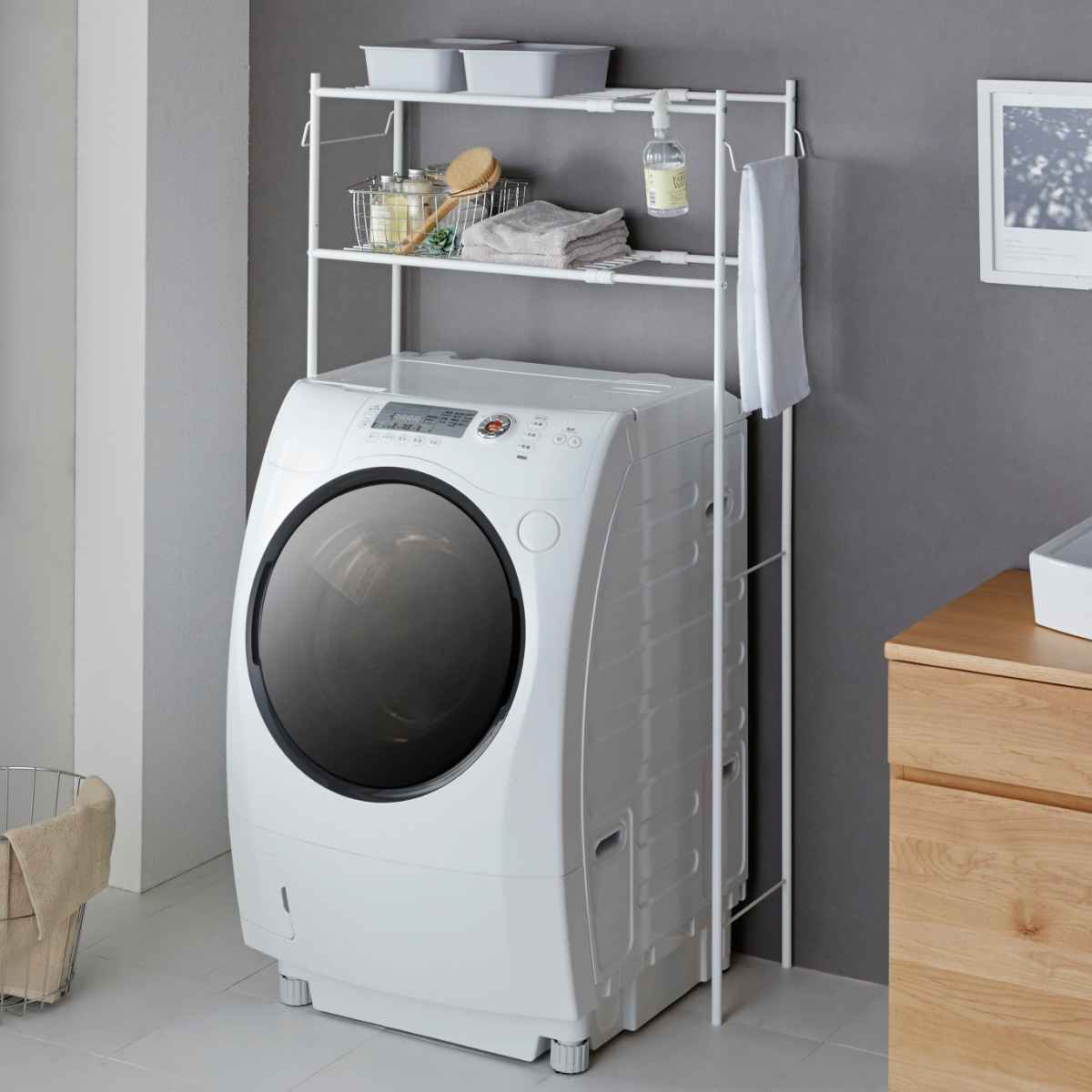 楽天市場】ランドリーラック タオル掛け付き マットホワイト （ 洗濯機