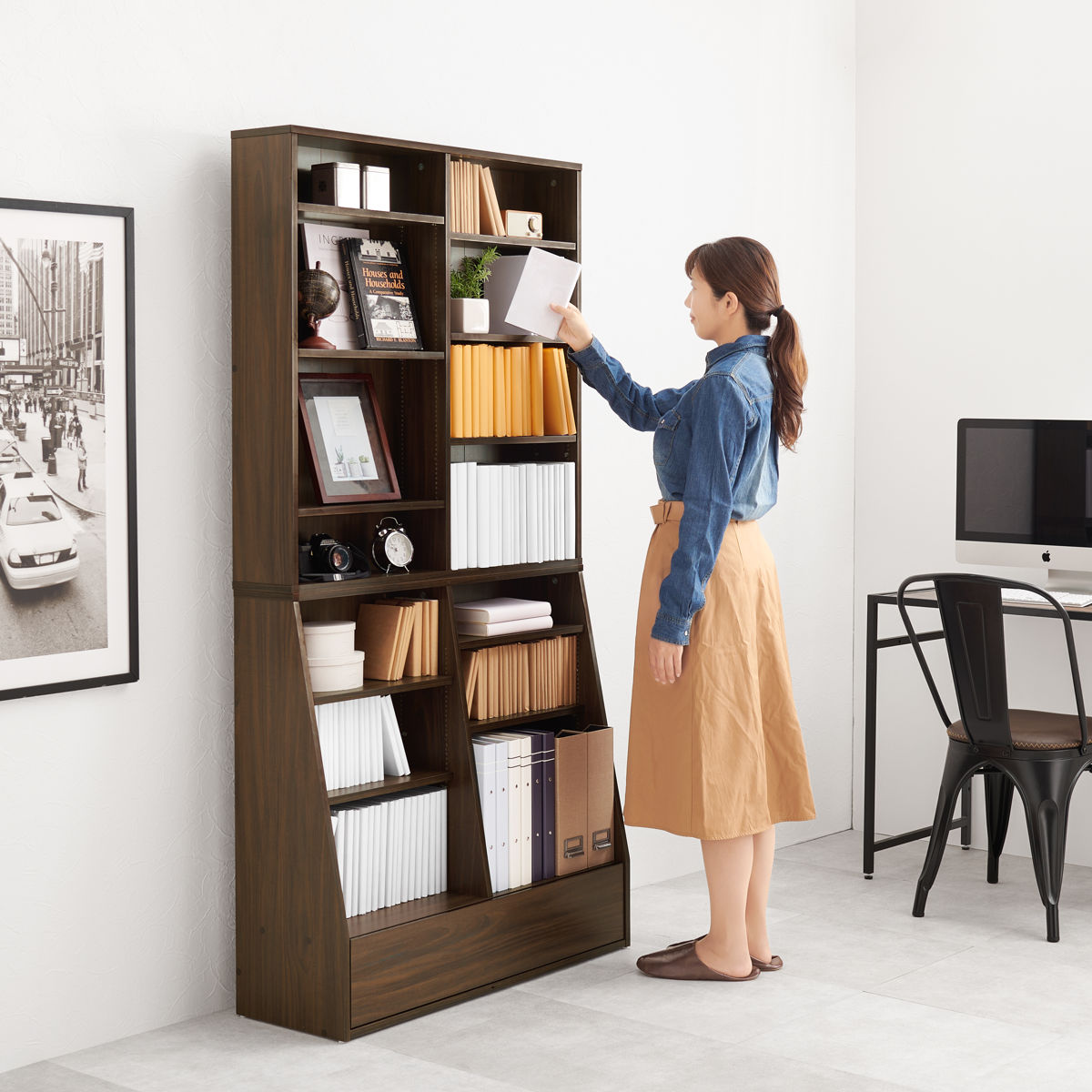 楽天市場】1cmピッチ可動 本棚 幅90cm ハイタイプ 可動棚10枚 引出し付