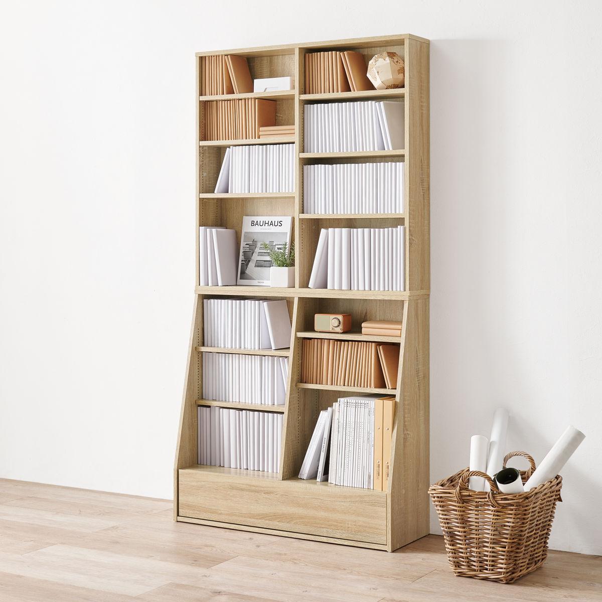 楽天市場】1cmピッチ可動 本棚 幅90cm ハイタイプ 可動棚10枚 引出し付