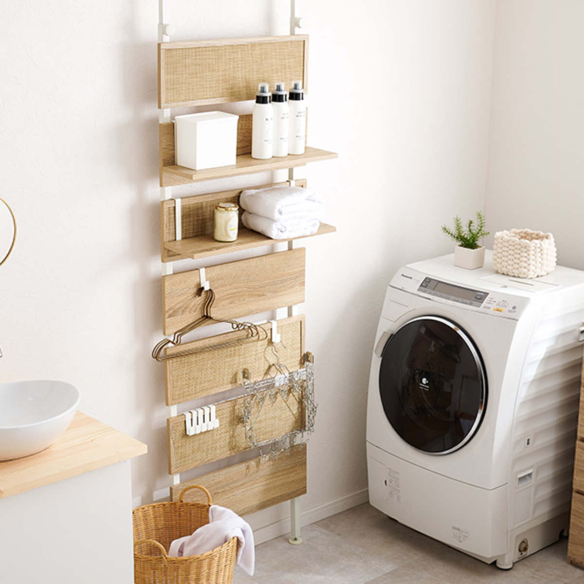 楽天市場】突っ張り ウォールラック 幅60cm ラタン調 木目調 ラダー