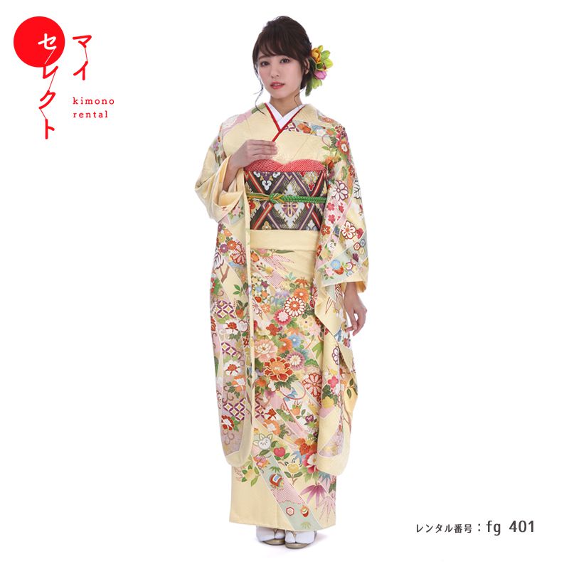 楽天市場】振袖 レンタル fg_401 吉澤の友禅 熨斗と宝尽し クリーム