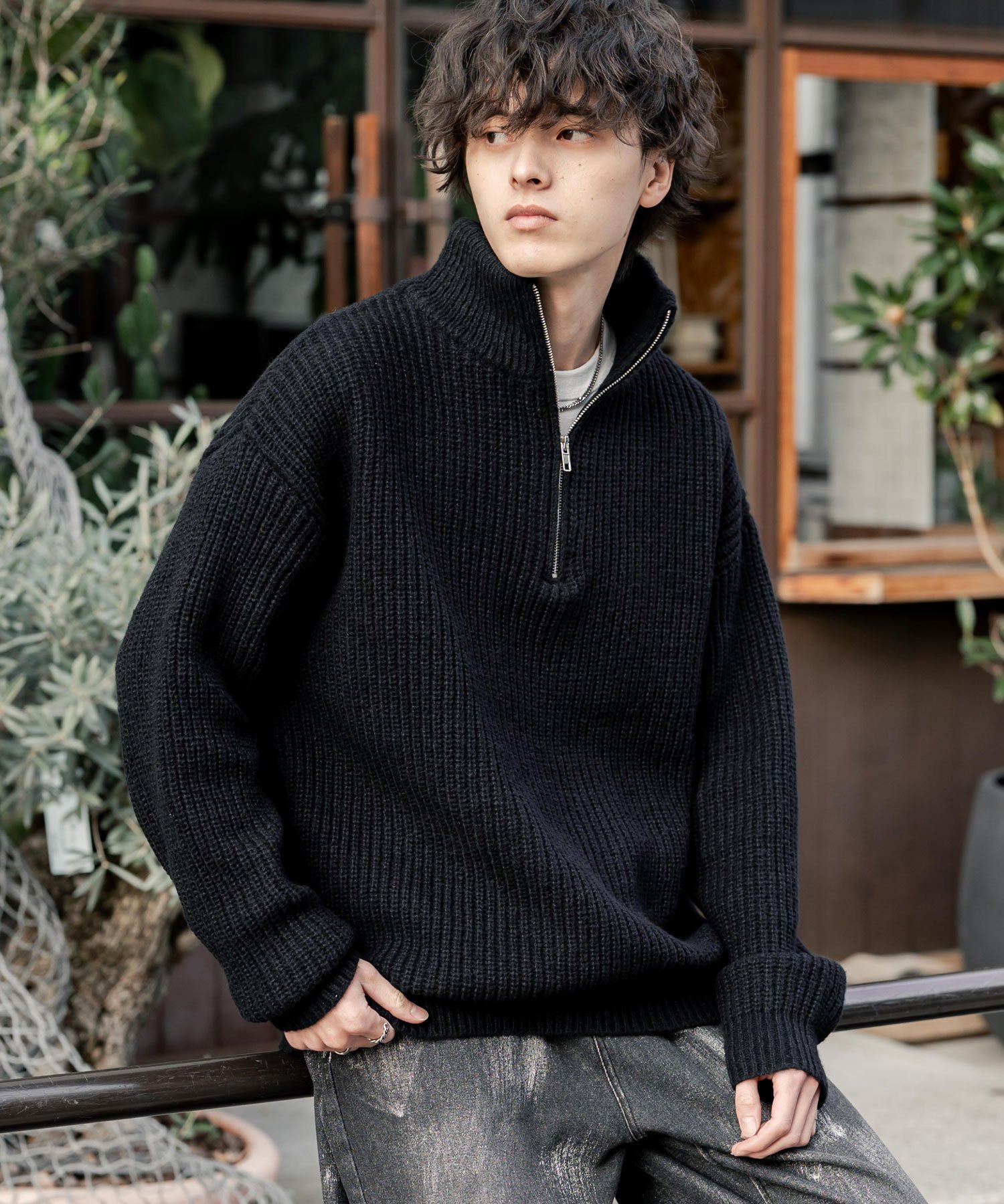 Rocky Monroe｜オーバーサイズ畦編みハーフジップニットセーター