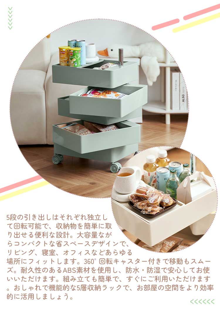 楽天市場】ワゴン キャスター付き 5段トレイ おしゃれ 回転 回転式