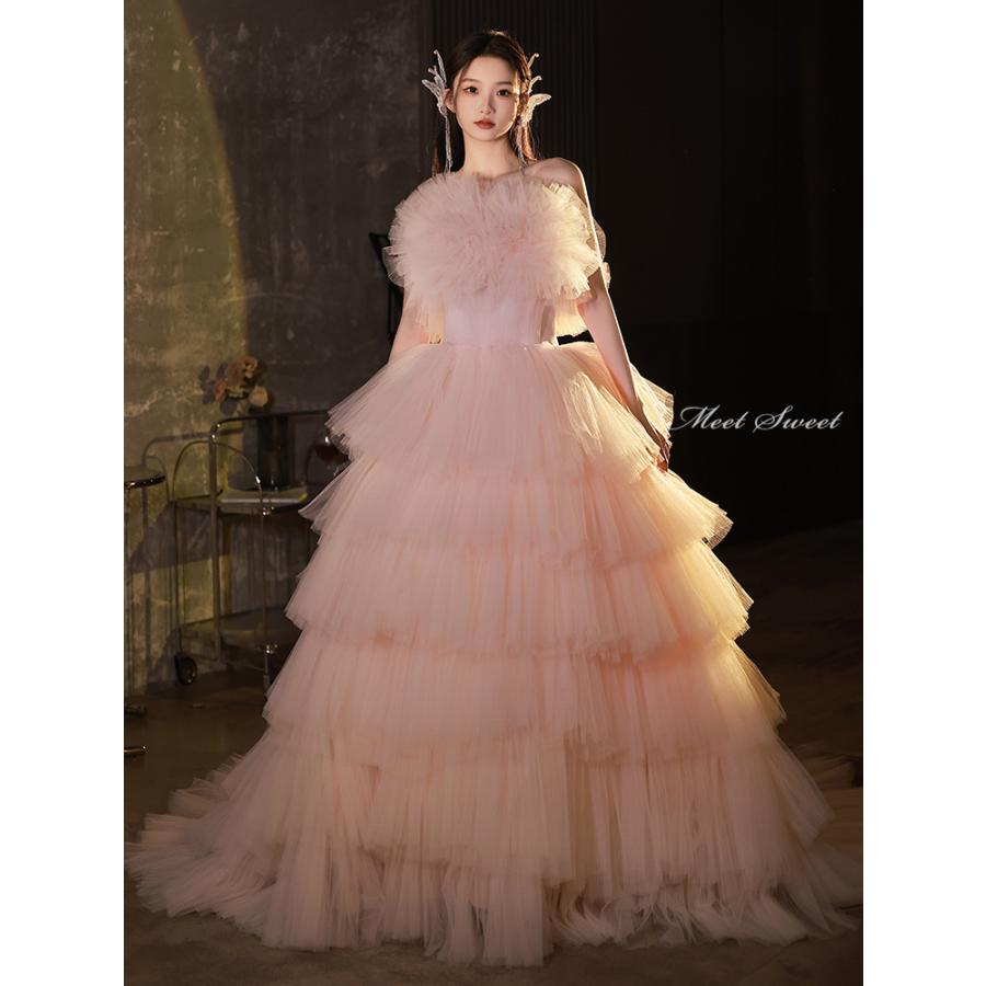 楽天市場】カラードレス ロングドレス プリンセスドレス ピンク フリル