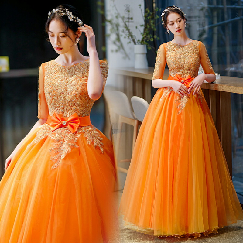 楽天市場】カラードレス プリンセスライン オレンジ サテン 5分袖 袖