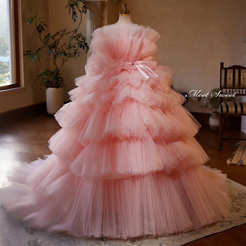 楽天市場】カラードレス プリンセスライン ピンク フリル ロングドレス