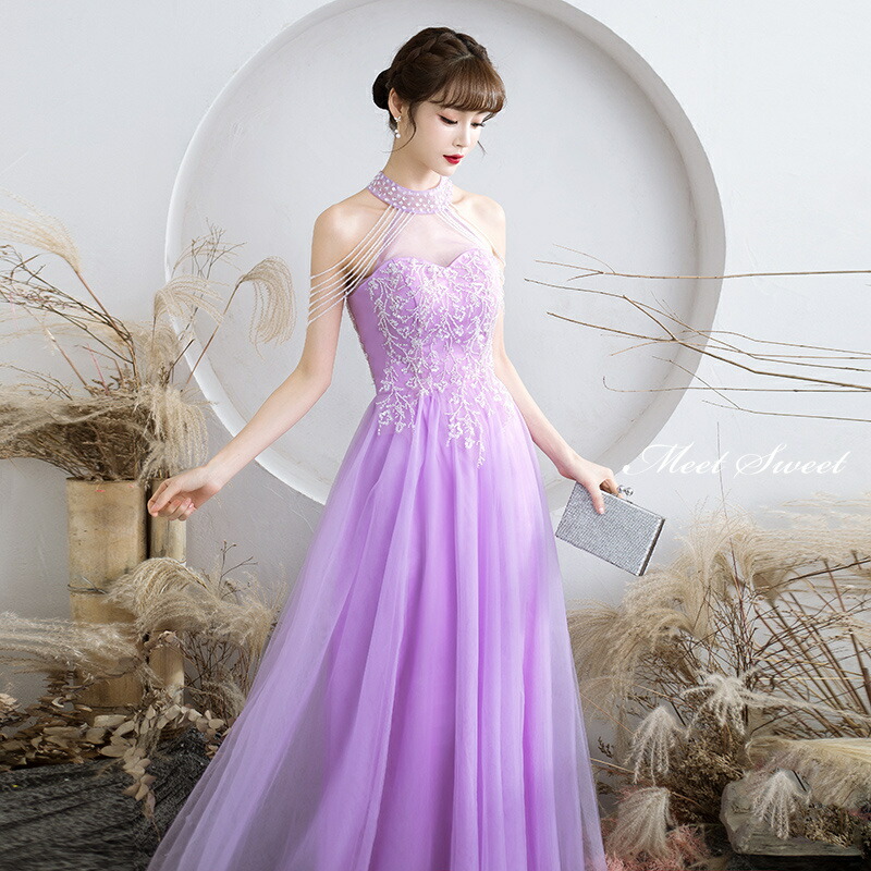 楽天市場】カラードレス パープル ホルターネック ビーズ 紫 ロング