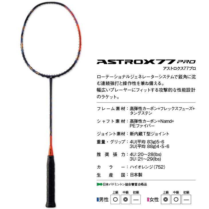 楽天市場】ヨネックス バドミントンラケット アストロクス77プロ