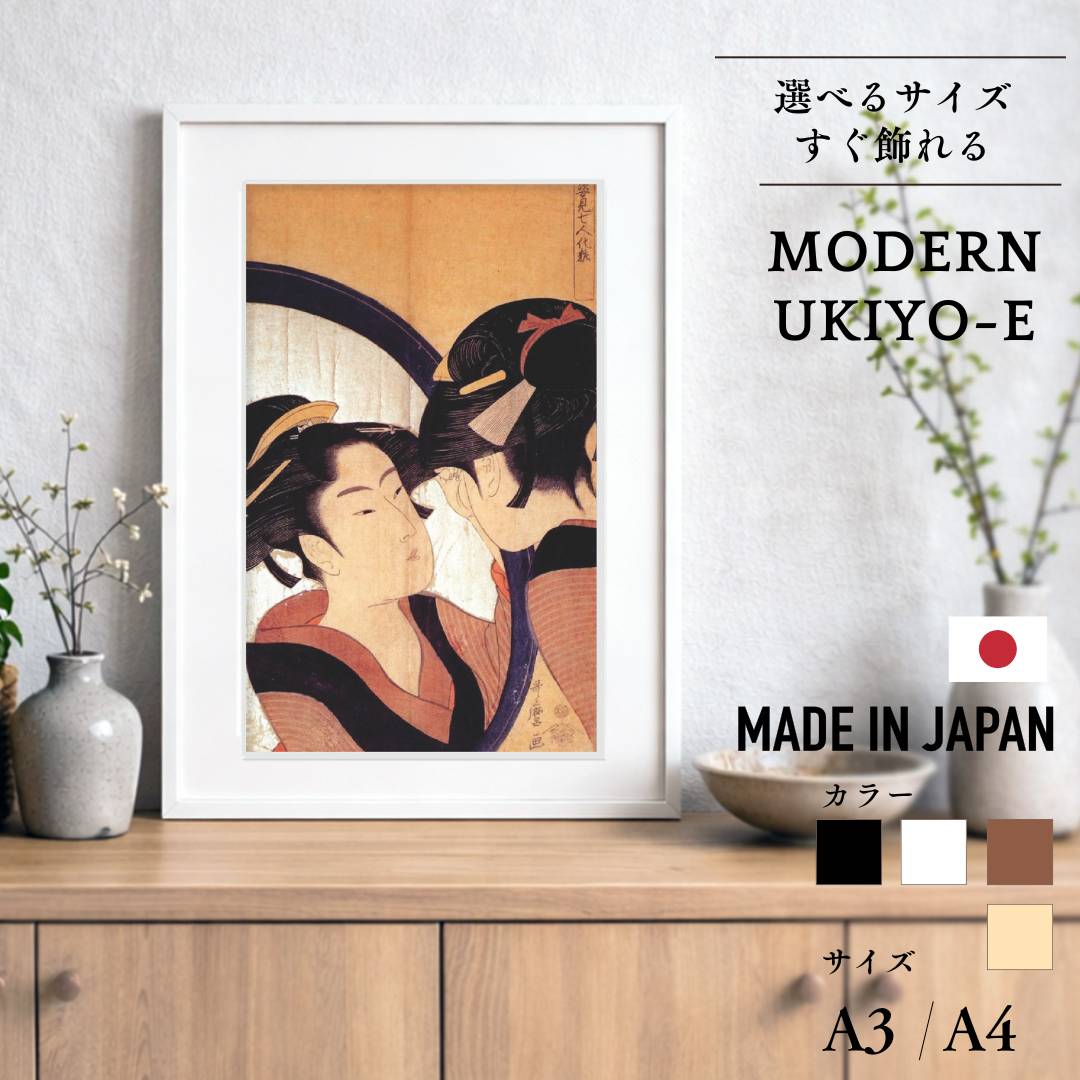 喜多川歌麿 パブミラー 浮世絵 女性と茶碗 金属製フレーム 鏡 壁掛け