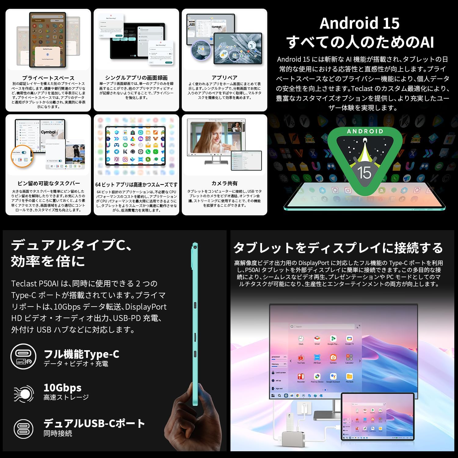 楽天市場】Android 15搭載 TECLAST P50Ai 11インチタブレット | A733 8