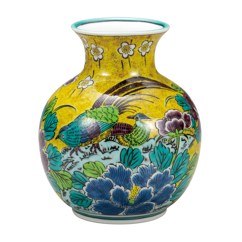 九谷焼 花瓶 瓢箪花絵 黄花鳥絵 夫婦湯飲み 3点組み合わせ 九谷焼 花瓶