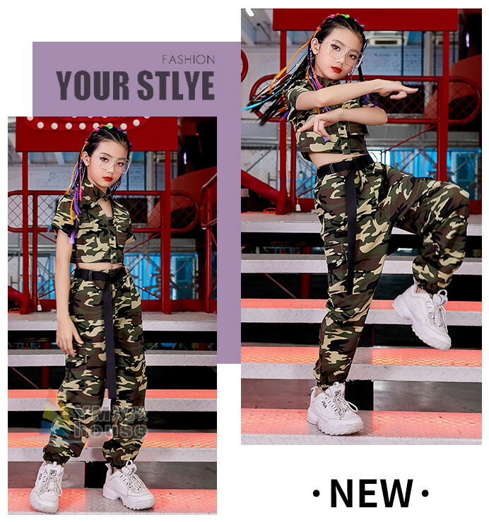 楽天市場】ヒップホップ キッズ ダンス衣装 女の子 迷彩トップス 迷彩