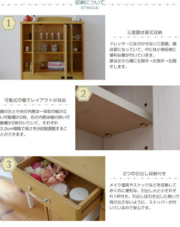 楽天市場】ドレッサー 三面鏡 Lycka land 三面鏡 ドレッサー&スツール