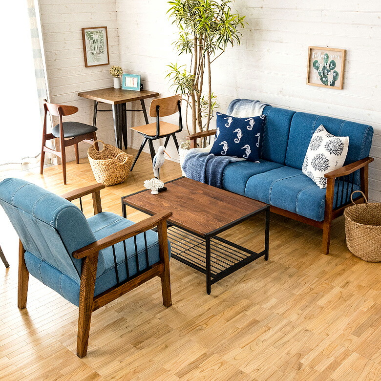 楽天市場】2人掛けソファ デニム生地 木製 アイアン 肘掛け 幅138cm