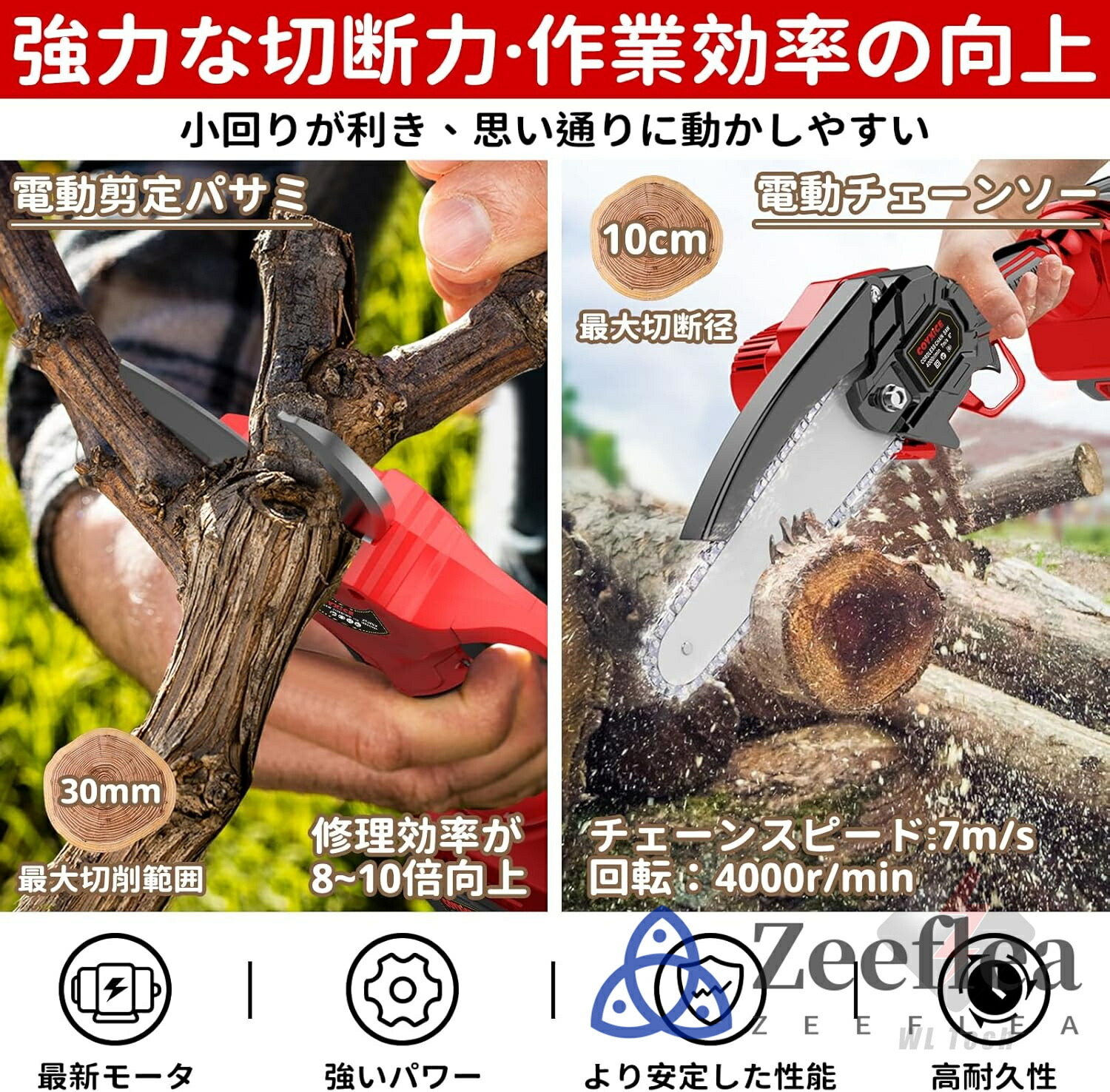 楽天市場】高枝切り電動チェーンソー 高枝切りバサミ 電動 4 in 1 た