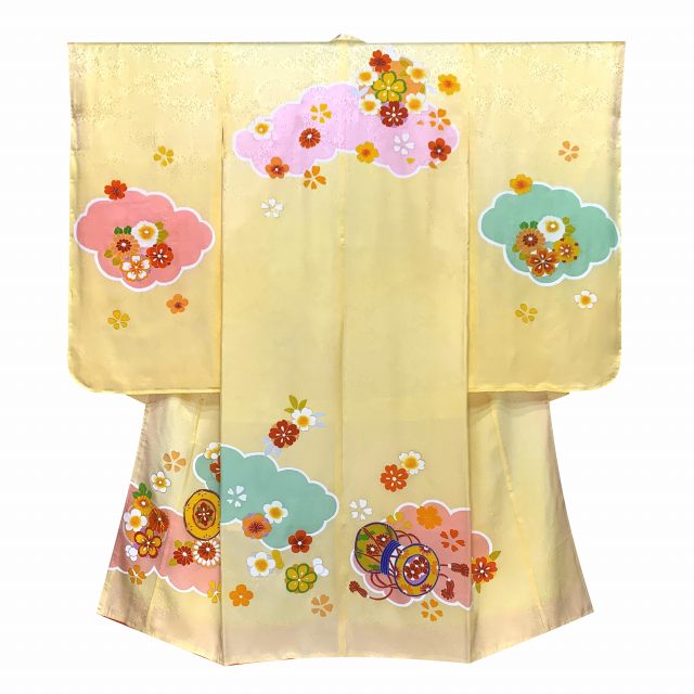 505ag8◎七五三 七歳 女児 着物&袋帯&長襦袢 金駒刺繍 籠花 牡丹菖蒲