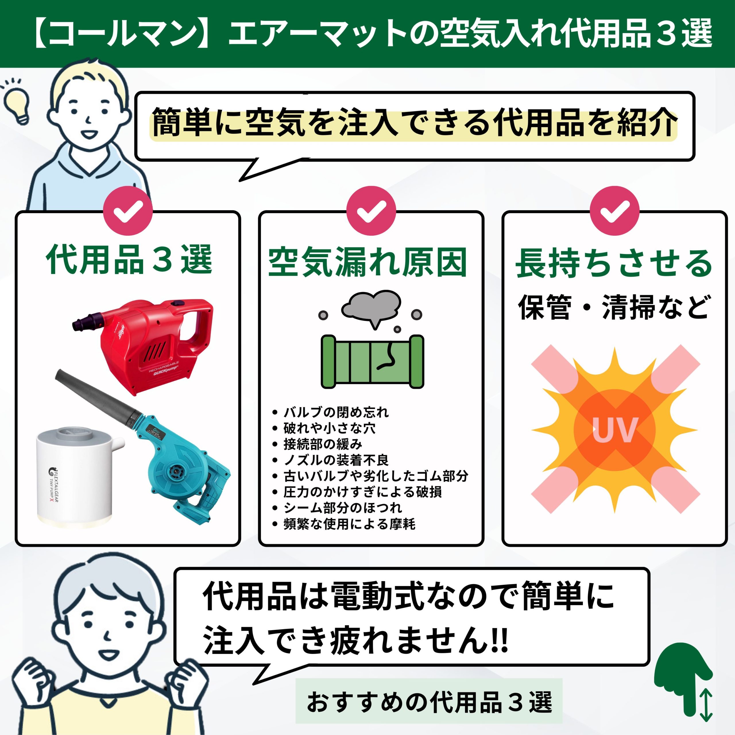 コールマンエアーマットの空気入れ代用品｜簡単・効率的なエアーポンプ