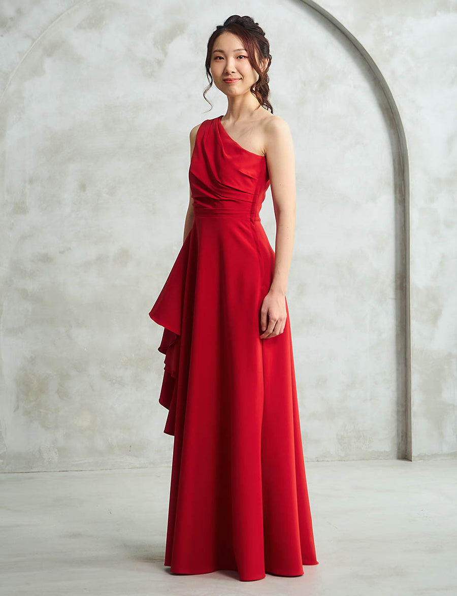 ロングドレス ワンショルダー レッド ストレッチシフォン 演奏会 発表