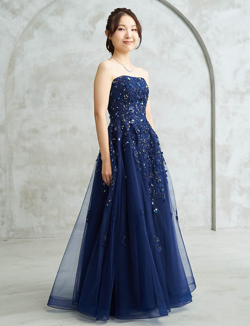 ダークネイビー ロングドレス ベアトップ ビジュ刺繍 チュール 肩