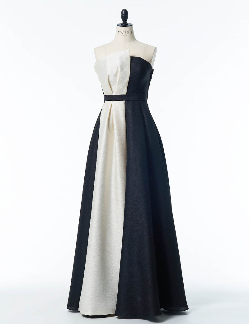 バイカラーロングドレス ベアトップ 白黒 肩紐付き 発表会・演奏会