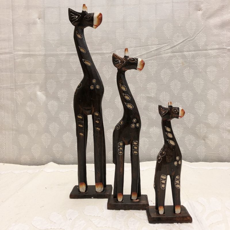 木彫り キリンの親子 3匹セット 置物 インテリア雑貨 アジアン