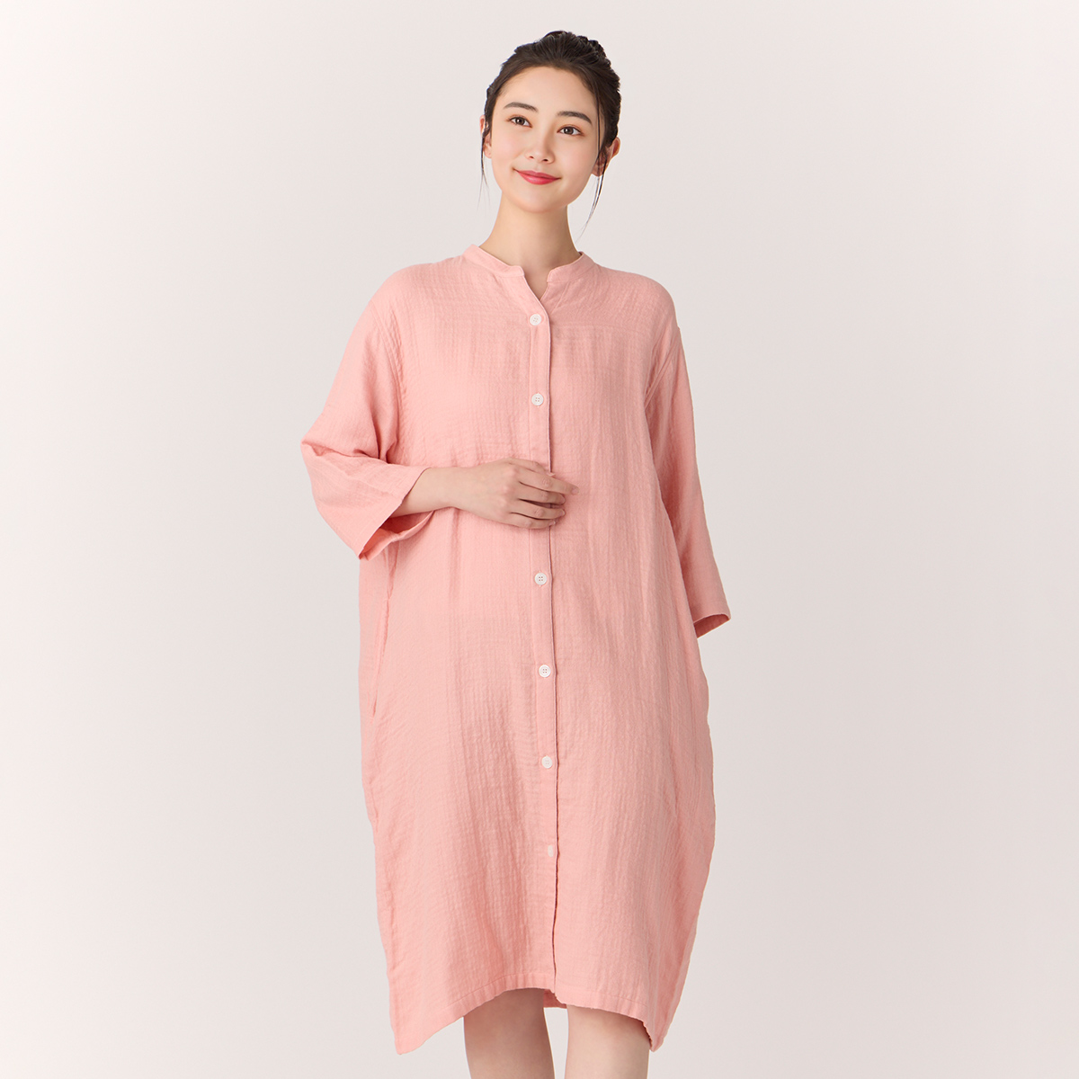 マシュマロガーゼボタン開き七分袖ワンピース（RWZ15785）-ローヤル