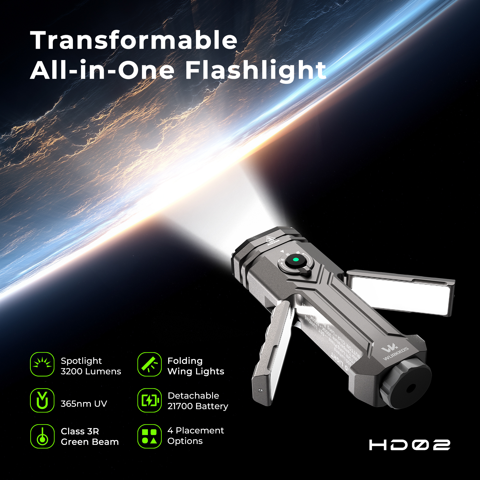 Wurkkos HD02 – 3300 Lm Quad-Beam Flashlight | Magnetic Folding Design