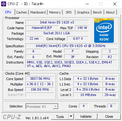 Intel Xeon E5 1620 v3 @ 3837.56 MHz - CPU-Z VALIDATOR