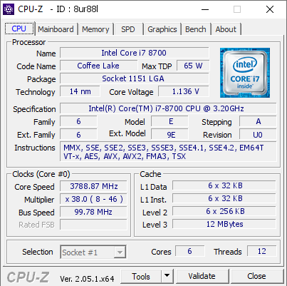 Intel Core i7 8700 @ 3788.87 MHz - CPU-Z VALIDATOR