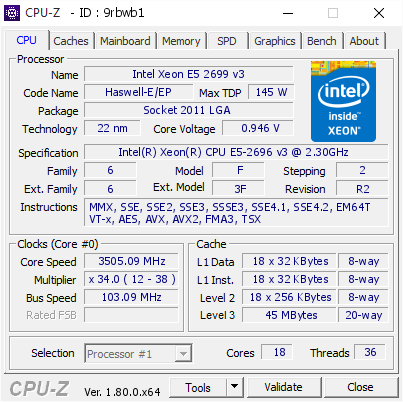 Intel Xeon E5 2699 v3 @ 3505.09 MHz - CPU-Z VALIDATOR