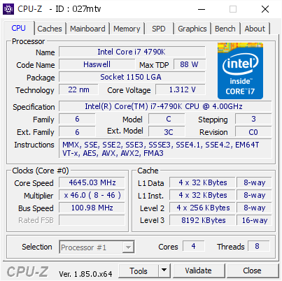 Intel Core i7 4790K @ 4645.03 MHz - CPU-Z VALIDATOR