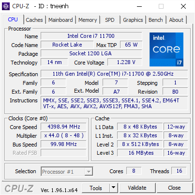 Intel Core i7 11700 @ 4398.94 MHz - CPU-Z VALIDATOR