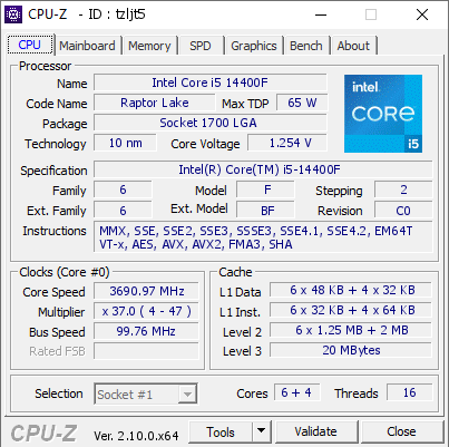 Intel Core i5 14400F @ 3690.97 MHz - CPU-Z VALIDATOR