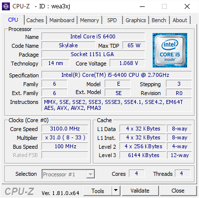 Intel Core i5 6400 @ 3100 MHz - CPU-Z VALIDATOR