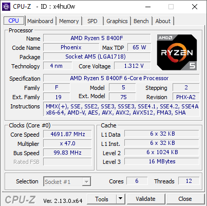 AMD Ryzen 5 8400F CPU 試験運用程度。 AMD Ryzen 5 8400F @ 4691.87