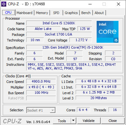 Intel Core i5 12600K @ 4900 MHz - CPU-Z VALIDATOR