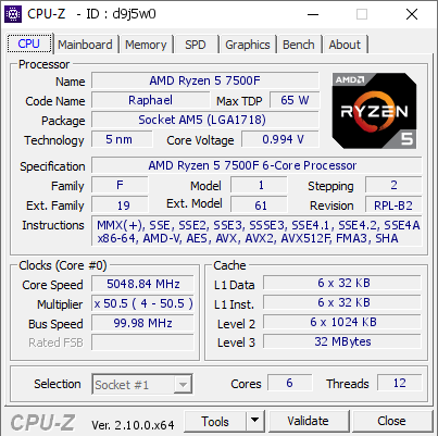 AMD Ryzen 5 7500F @ 5048.84 MHz - CPU-Z VALIDATOR