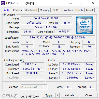 Intel Core i7 9700T @ 1996.1 MHz - CPU-Z VALIDATOR